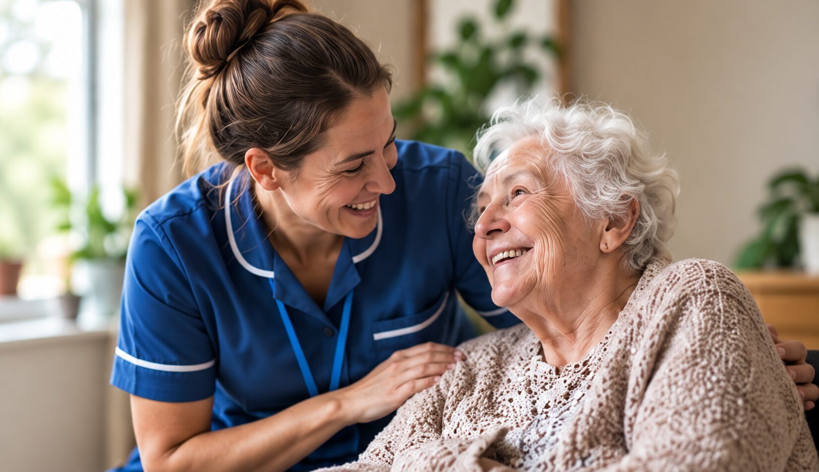 A care worker in a blue uniform smiling with an older woman at home