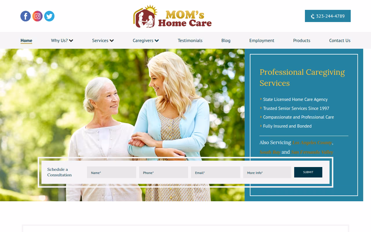 Mom's Home Care website
