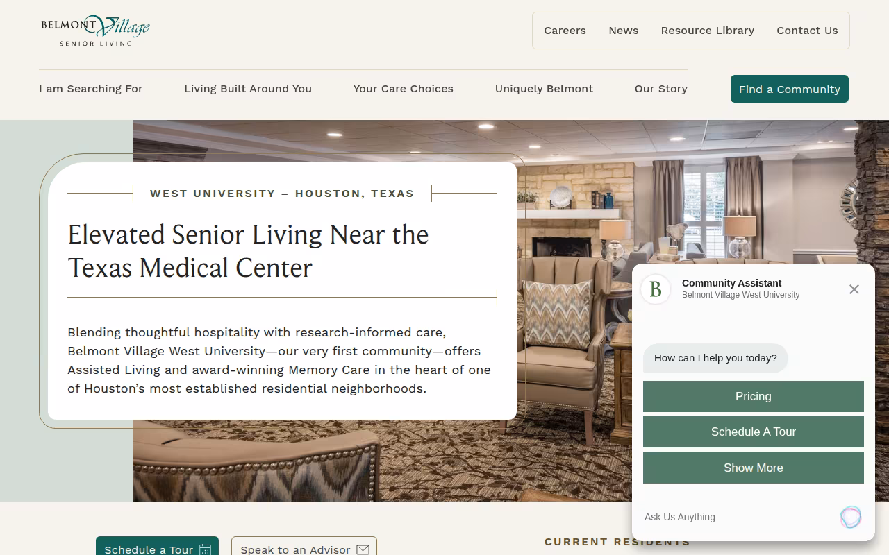 Belmont Village Senior Living West University website