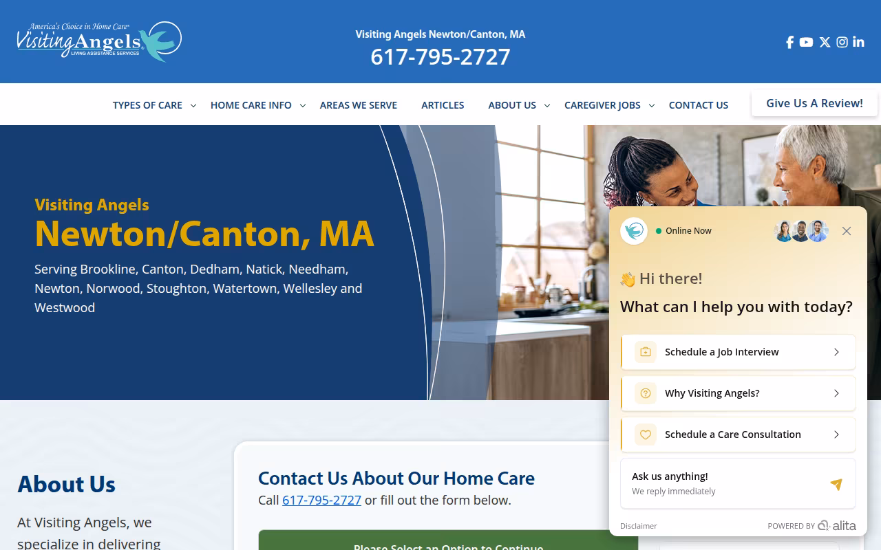 Visiting Angels Senior Home Care Newton website