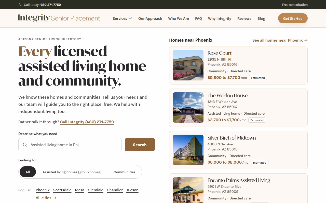 Integrity Senior Placement website