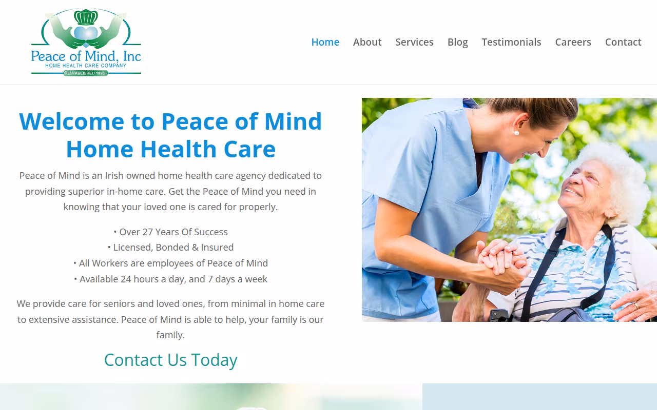 Peace of Mind Home Health Care website