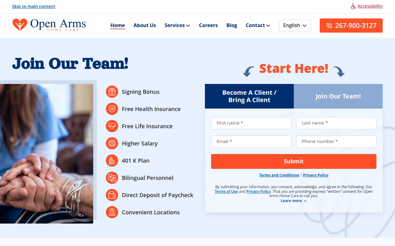 Open Arms Home Care website